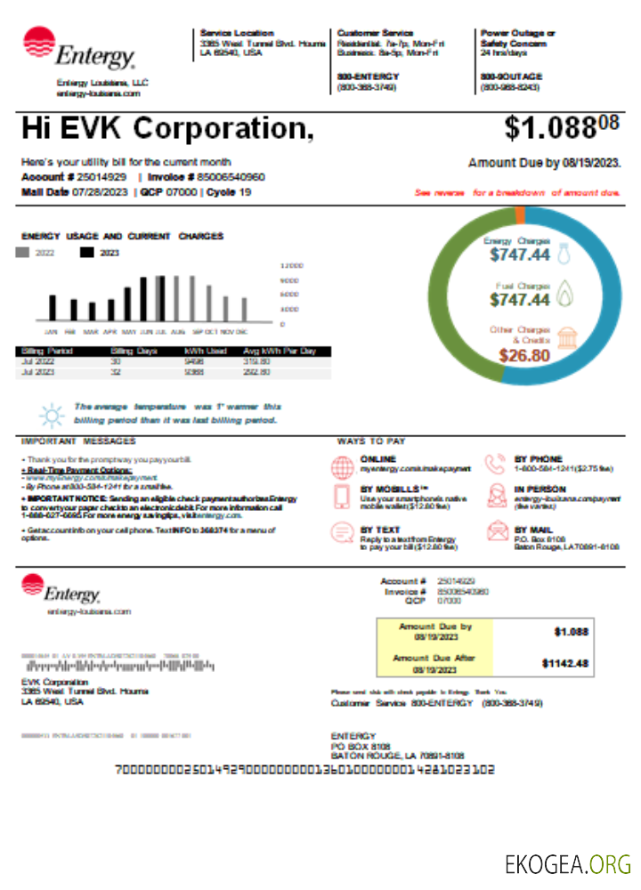 Facture d'entreprise de services publics de Louisiana Entergy SCR